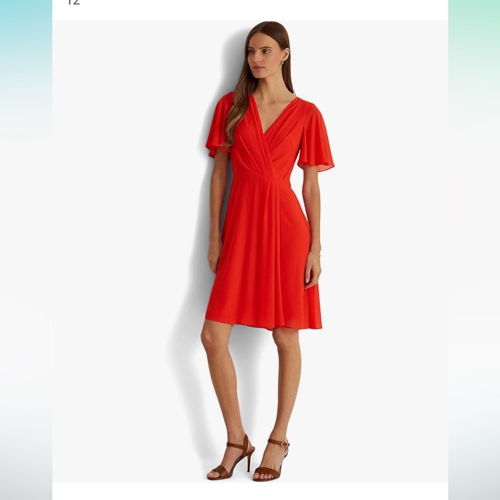 Lauren Ralph Lauren Flutter-Sleeve Georgette Dress Tomato